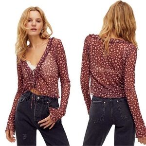 Free People Sheer Star Print Tie-Front Top - Size Small
